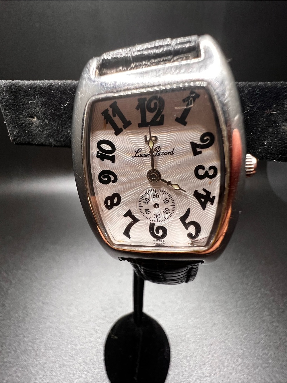 Lucien Piccard Silver-Tone Watch with Black Leather Strap and Brown Lining